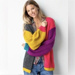 Natural Life Colorblock Chunky Knit Open Front Cardigan Sweater Multi Color S/M